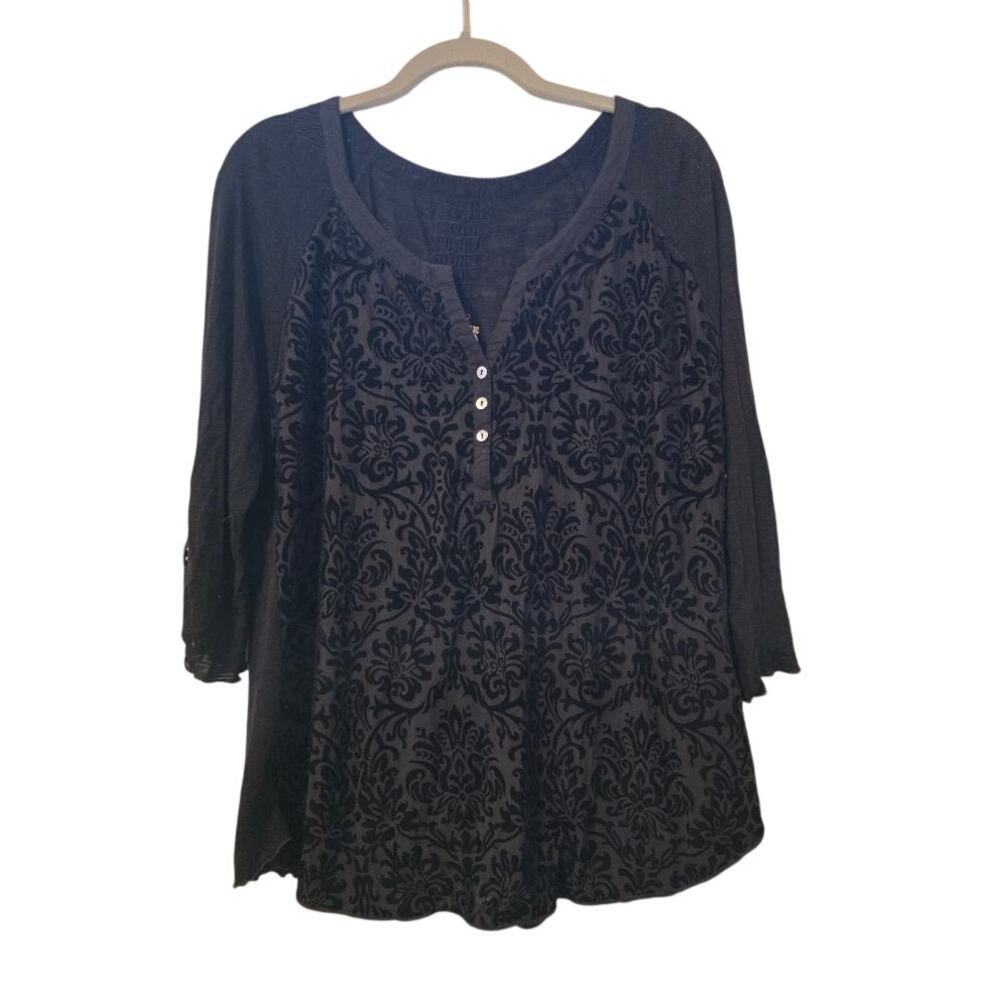 Nine West Vintage America Laelia Tunic Top Large Black Flocked Boho